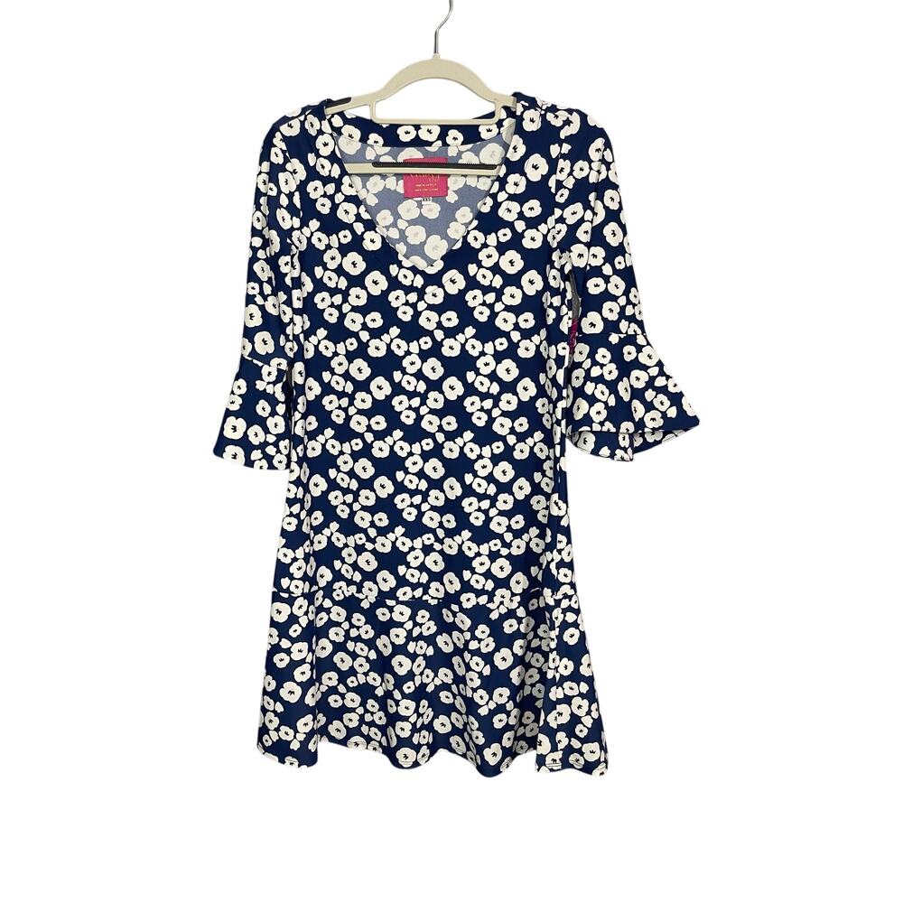 Gingy Dress Womens XXS Navy White Floral Bell Sleeve A Line NWT Made USA